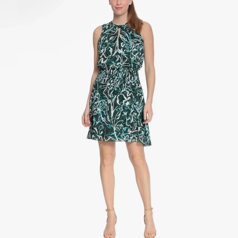 London Times dressSmocked waist Yoryu sleeveless green print | Size 18W | NWT|D2